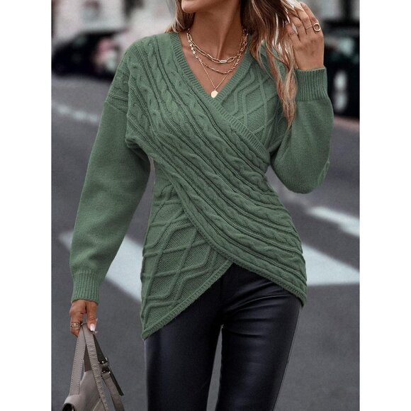 Womens Knit Sweater V Neck Long Sleeve Cross Wrap Casual Fall Winter Top - Picture 4 of 6